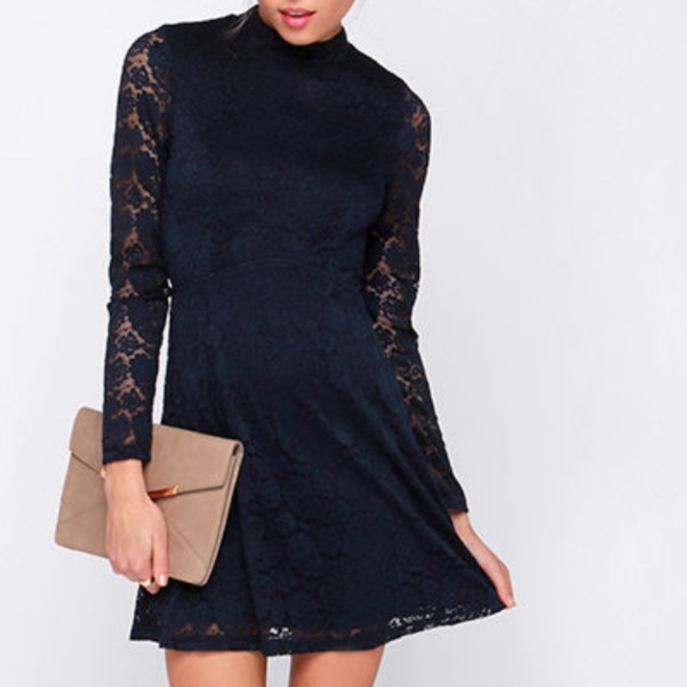 Lulu's Navy Blue Long Sleeve Lace Dress